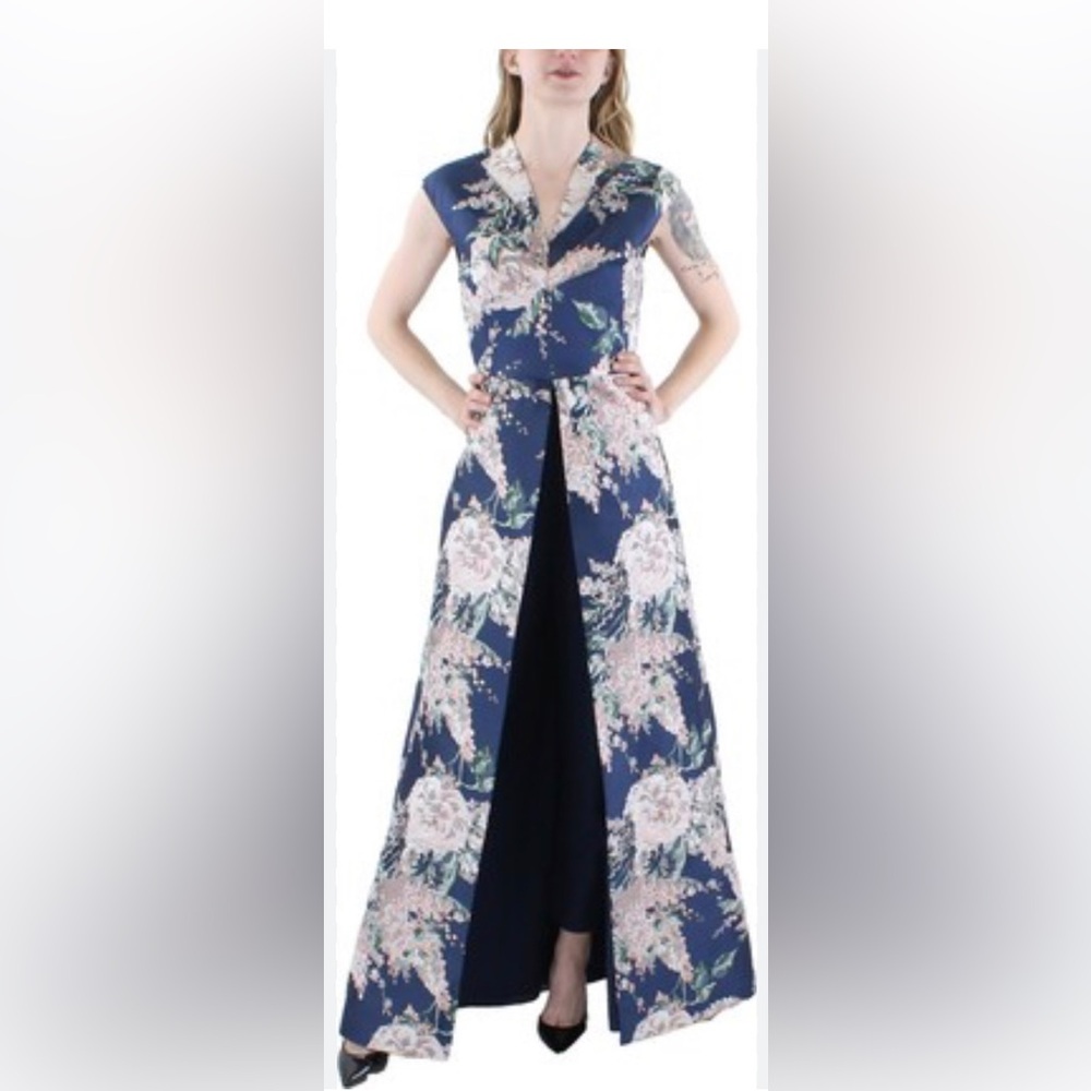 Kay Unger Blue and Pink Sundress Notched Collar Midi